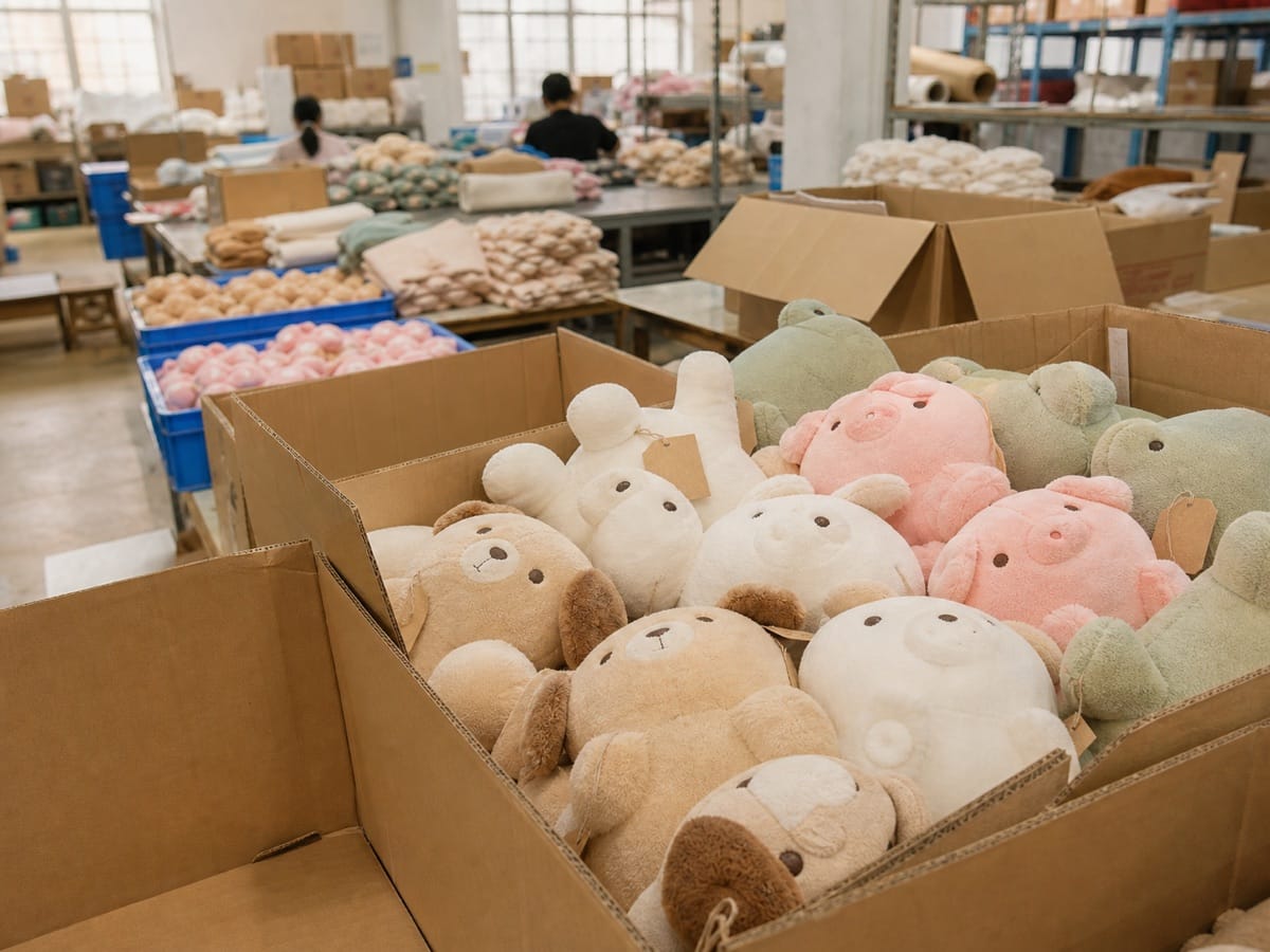Open cartons of finished plush toys staged for flexible MOQ review
