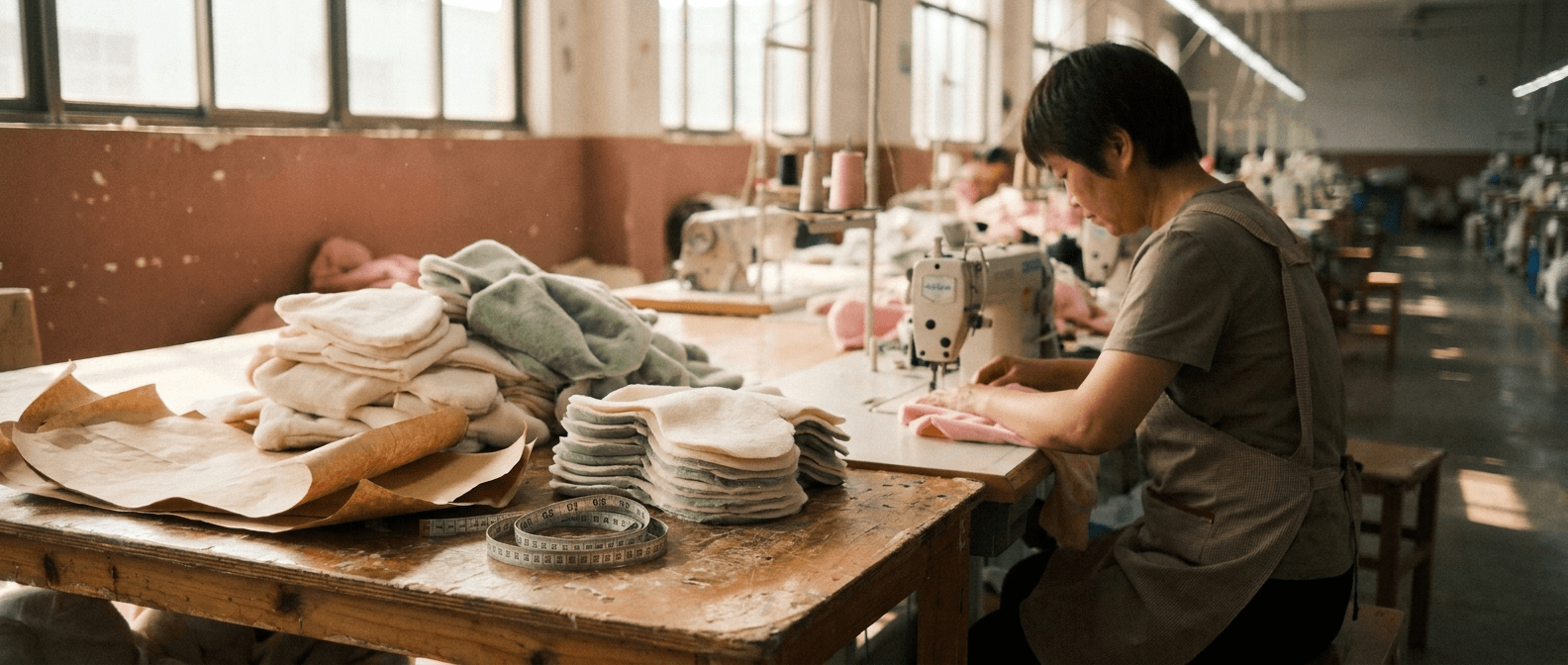 Rows of industrial sewing machines on The Plush Maker production floor in Dongguan Chashan