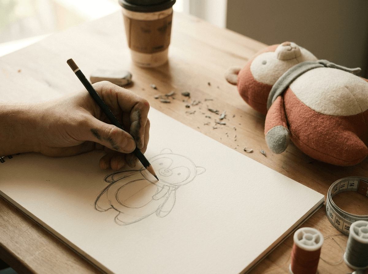 Designer sketching a plush character on paper beside the finished prototype