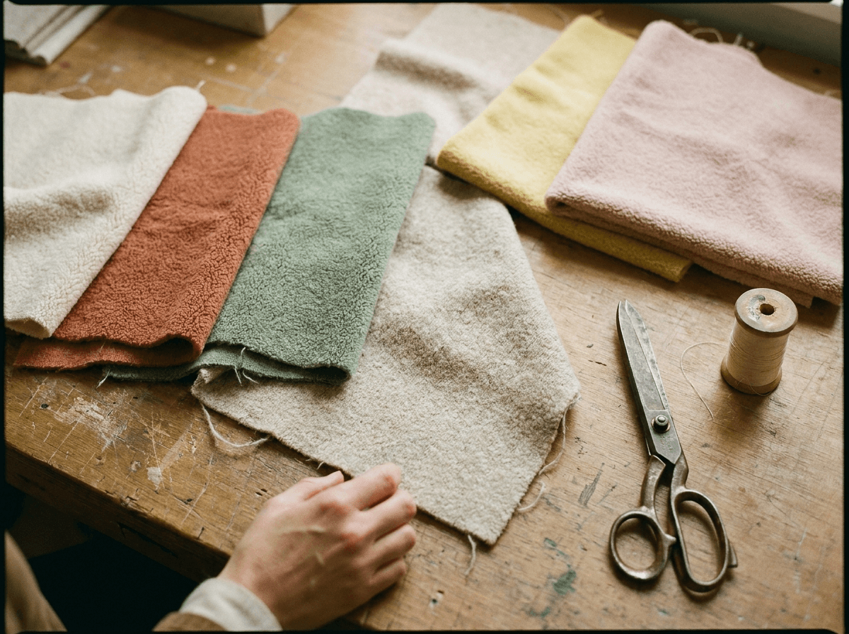 Plush fabric material swatches laid out on a wooden workbench