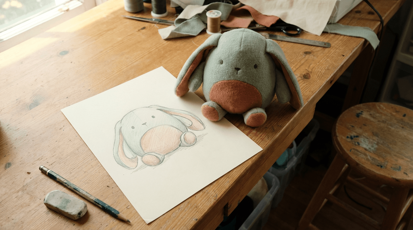 Plush character sketch next to the finished plush prototype