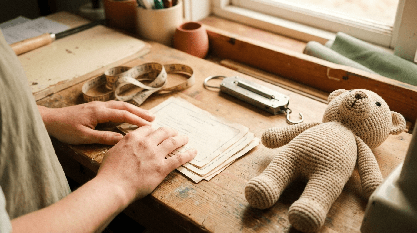 Certification documents and measuring tools beside a plush toy