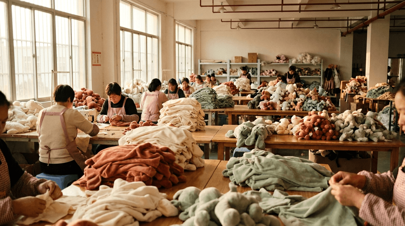 Wide-angle view of a working plush factory floor