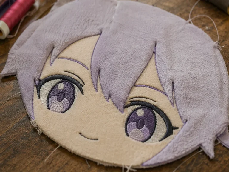 Custom anime plush fabric and embroidered facial detail samples