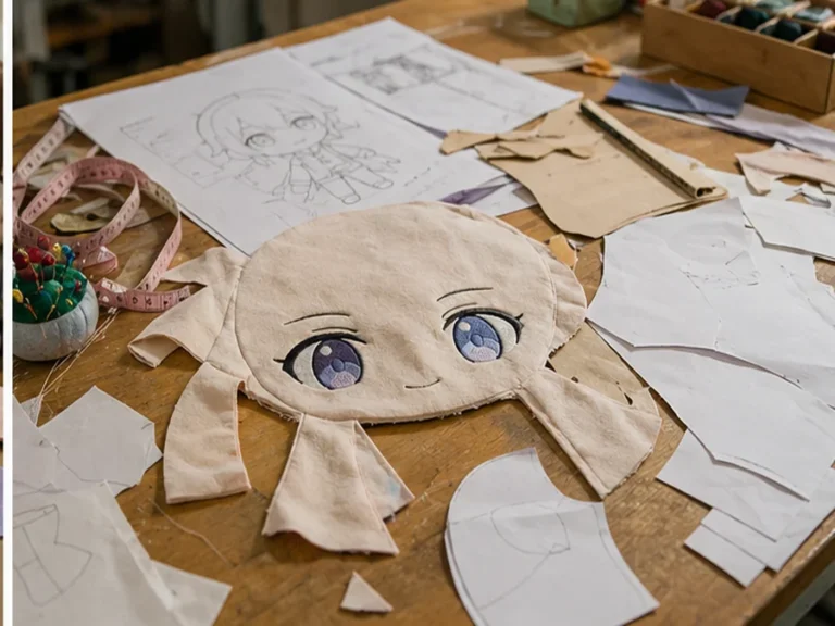 Custom anime plush pattern making with unstuffed embroidered face panels