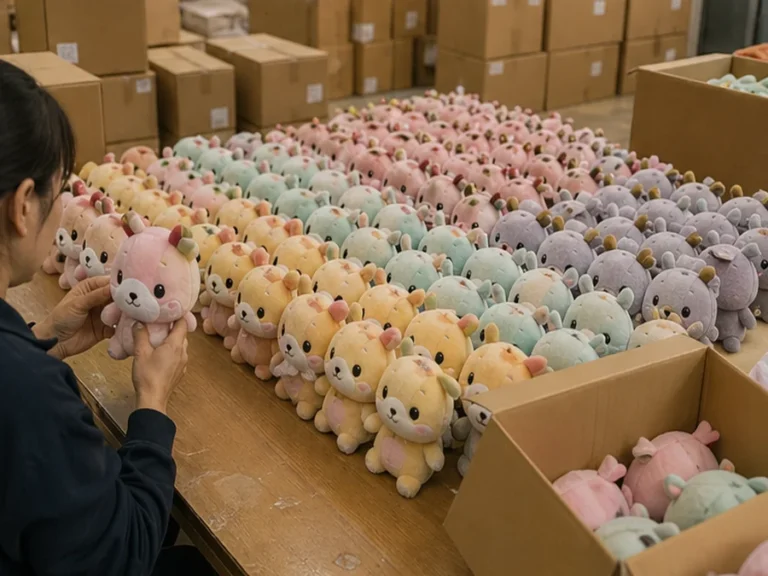 Bulk claw machine plush quality control and carton packing