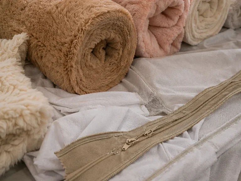 Large plush toy long pile fabric roll and cutting detail