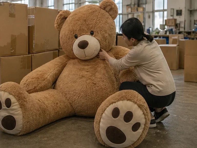 Large plush toy final inspection and oversized packing preparation