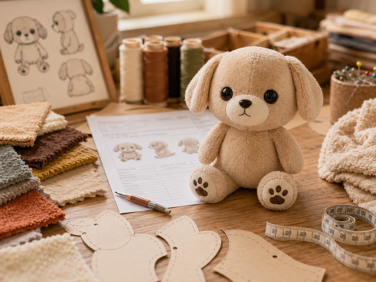 Photorealistic custom plush sample approval table with prototype fabric swatches and paper patterns
