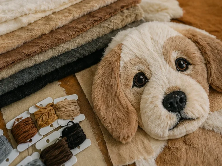 Pet plush fur texture and embroidered face detail sample