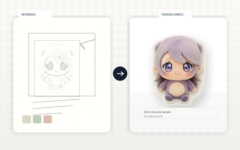 Original character plush sketch and finished sample before-and-after