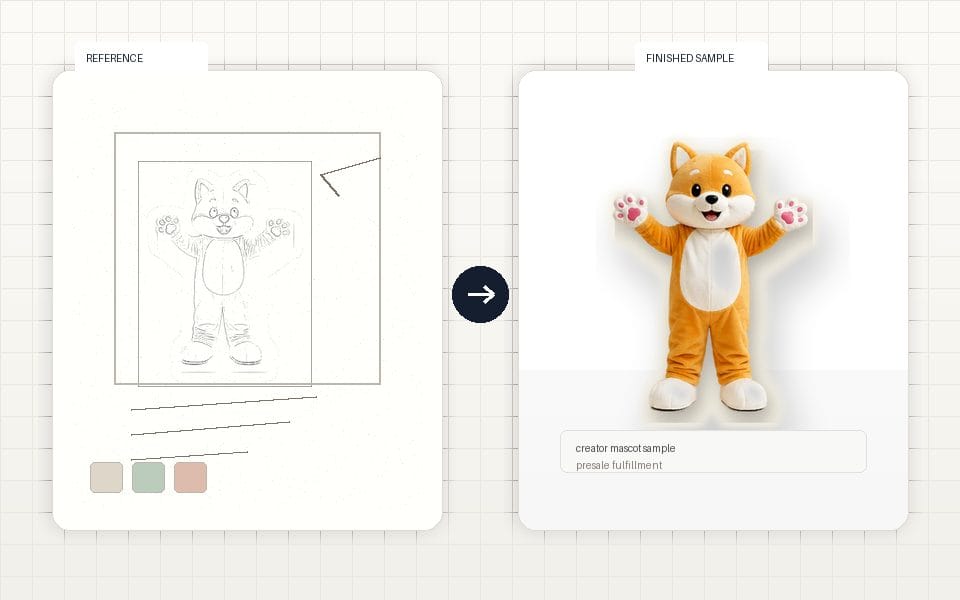 Indie creator plush sketch and finished sample before-and-after