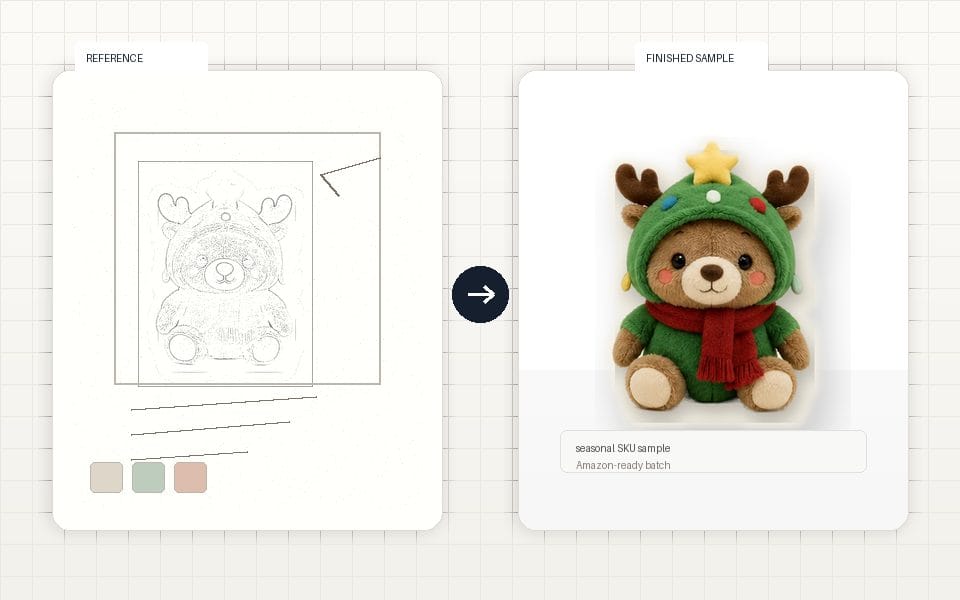 Seasonal mascot plush sketch and finished sample before-and-after