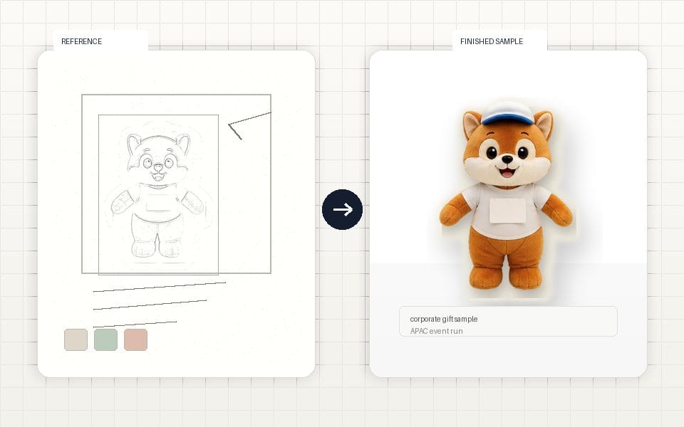 Corporate mascot plush sketch and finished sample before-and-after